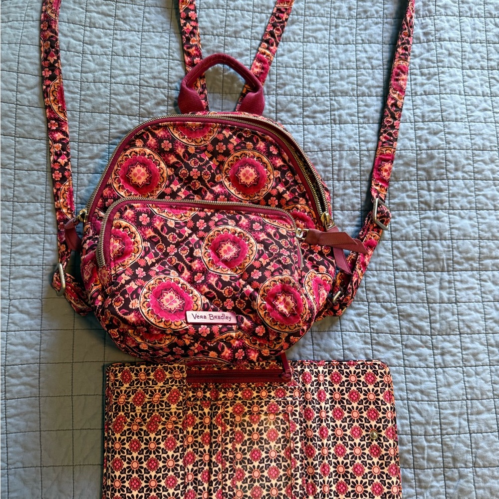 Vera Bradley Pink and Red Backpack with Paisley Design & matching small wallet